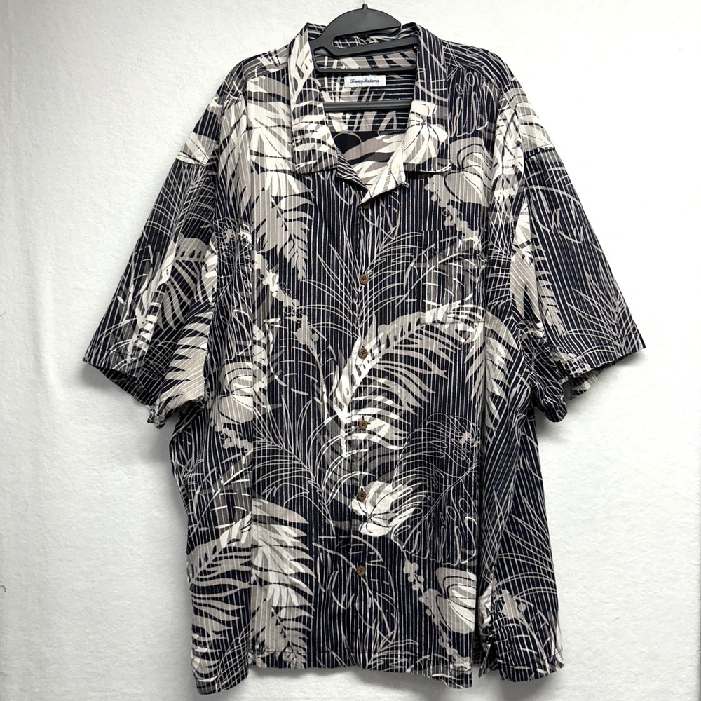 Tommy Bahama Shirt Men 4XL Black Cream Tropical Palm Silk Blend Camp Button Down
